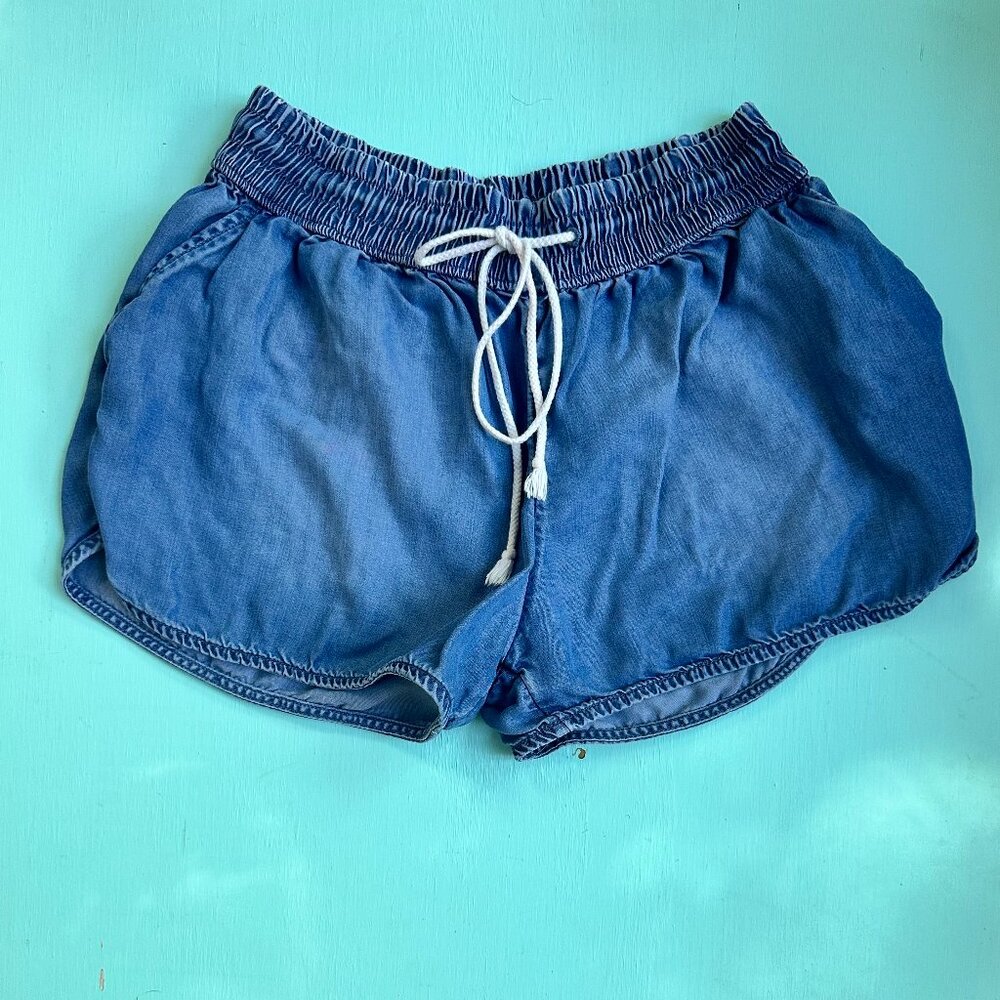 Mossimo Chambray Shorts Womens Small Drawstring Elastic Waist Blue